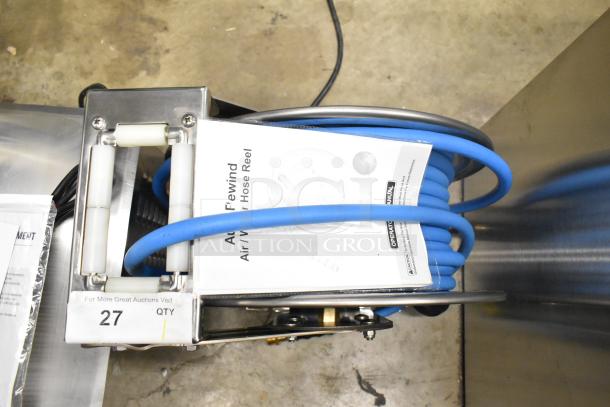 BRAND NEW SCRATCH AND DENT Regency Air-Water Hose Reel, blue hose, auto rewind, includes manual, marked quantity 27.