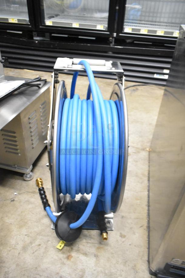 BRAND NEW Regency Air-Water Hose on Reel, blue, slight scratches, durable metal frame, brass fittings.