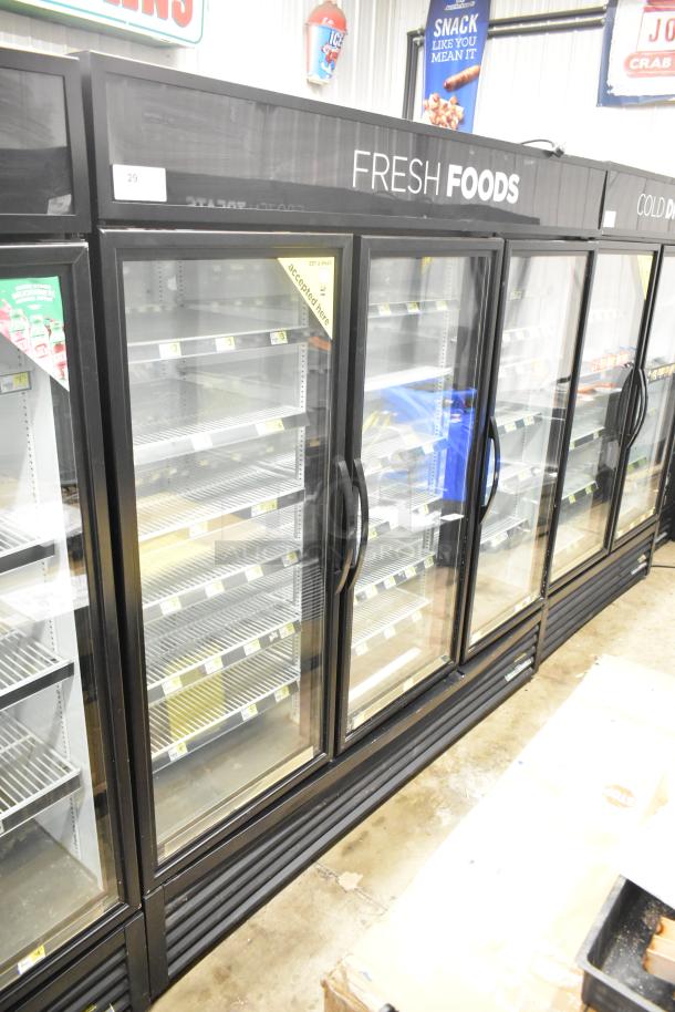 2018 True GDM-72-HC 3 Door Reach In Cooler Merchandiser, commercial, black frame, glass doors, 115V, 1 phase.