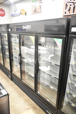 2018 True GDM-72-HC 3 Door Cooler, commercial merchandiser, 115V, black frame, glass doors, visible shelving, "Dairy" label.