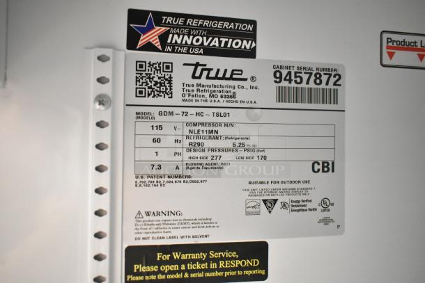 2018 True GDM-72-HC Commercial Cooler label showing model, voltage, refrigerant type, and serial number.