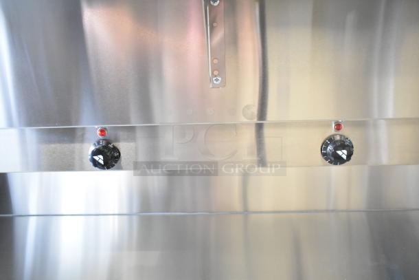 2025 Advance Tabco SW-6E-240-BS stainless steel steam table control panel, featuring two dials and indicator lights.