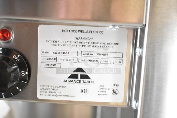 Advance Tabco SW-6E-240-BS Steam Table label, 6 wells, 208/240V, 1 phase, model details, serial no. 000092993, commercial grade.