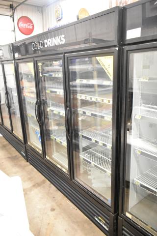 2018 True GDM-72-HC 3-Door cooler merchandiser. Black exterior, glass doors, commercial use, 115V, 1 phase.