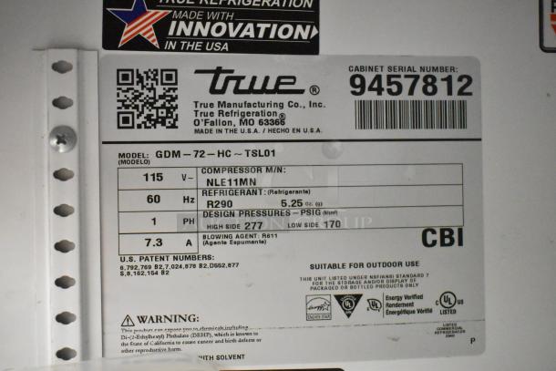 2018 True GDM-72-HC Commercial 3 Door Reach In Cooler, 115V, 1 Phase. Tag displays model, voltage, refrigerant R290, and serial number 9457812.