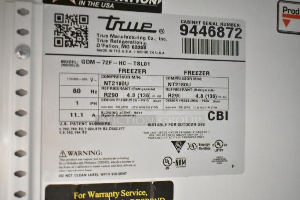 Label from 2018 True GDM-72F-HC freezer, showing model details, voltage, phase, and refrigerant information.