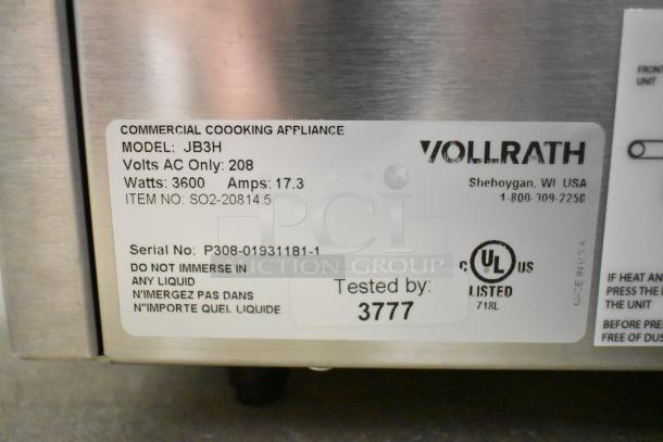 Alt text: Vollrath JB3H 40" ventless conveyor oven, 208V, 3600W. Features 14.5" wide belt, serial P308-01931181-1. Scratch and dent condition.