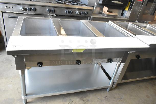 Alt text: Advance Tabco HF-3G-LP hot food table, new, scratch and dent, 10,500 BTU, liquid propane, three pan capacity.