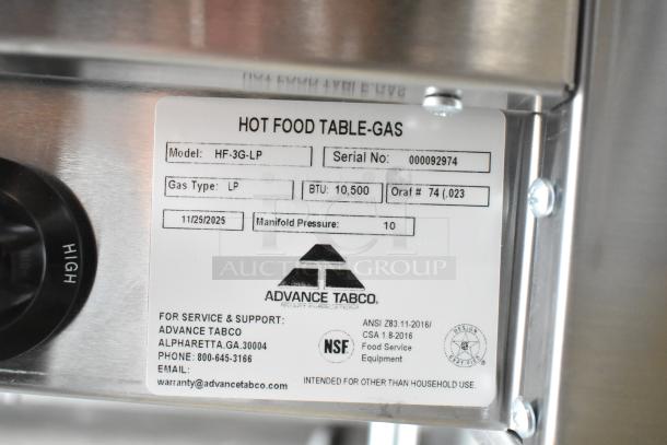 Advance Tabco HF-3G-LP hot food table tag, showing model, serial number, gas type as LP, 10,500 BTU, and contact details.