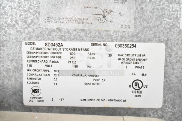 Manitowoc SD0452A Commercial Ice Machine Head on SPA310 Dispenser, 115V, 1 Phase, UL listed, serial 050360254.
