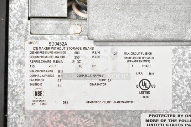 Manitowoc SD0452A Ice Machine Head on SPA310 Dispenser, 115V, 1 Phase, R404A refrigerant, commercial grade.
