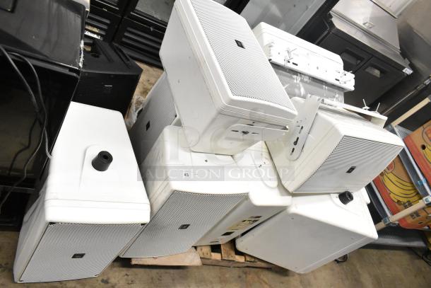 12 various speakers, including JBL Control 30 and Electro-Voice EV ZLX. Mixed condition, stacked for auction.