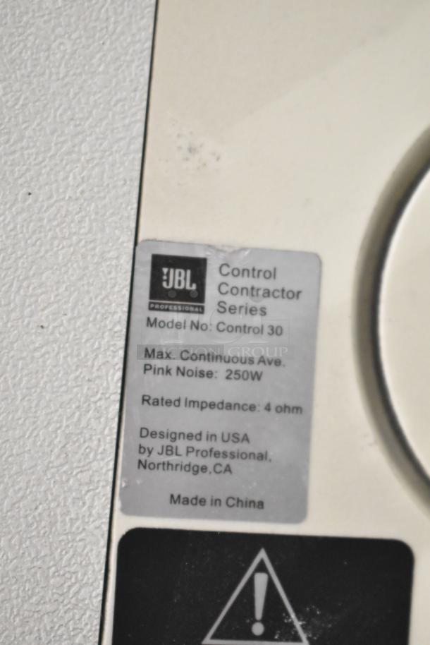 12 various speakers, including JBL Control 30 Contractor Series, label shows 250W, 4 ohm, USA design.