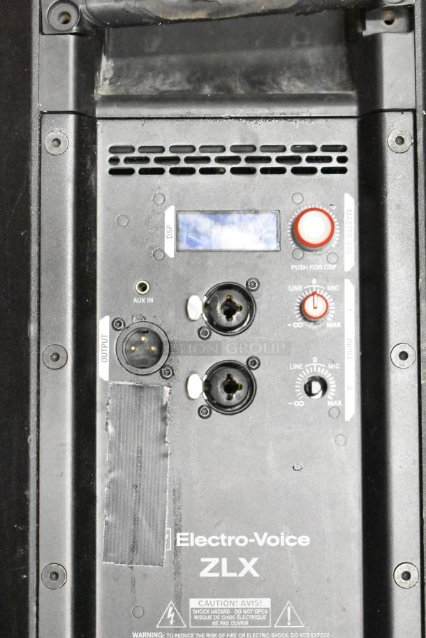 12 speakers lot including JBL Control 30 and Electro-Voice EV ZLX. Visible input and control panel detail.