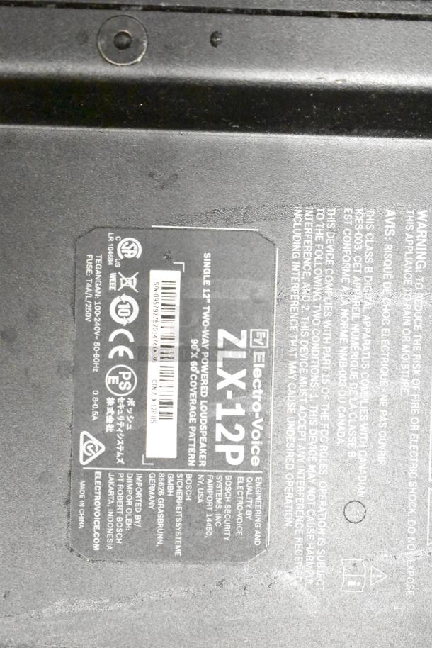 JBL and Electro-Voice speaker details, featuring an Electro-Voice ZLX-12P tag. Condition and specifications are visible.