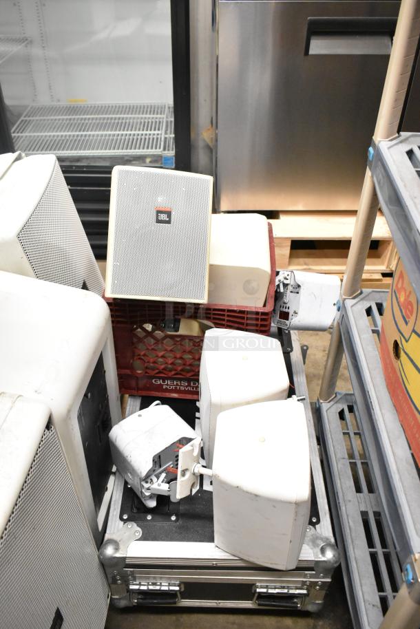 8-item lot includes JBL Control 25AV speakers, Best Par 50 lights in a hard case, wireless and battery-operated.