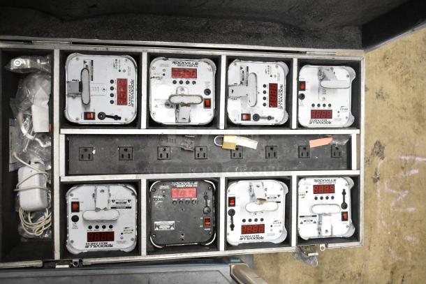 Hard case with Rockville Best Par 50 battery wash lights. Includes JBL Control 25AV speakers, cables, and accessories.