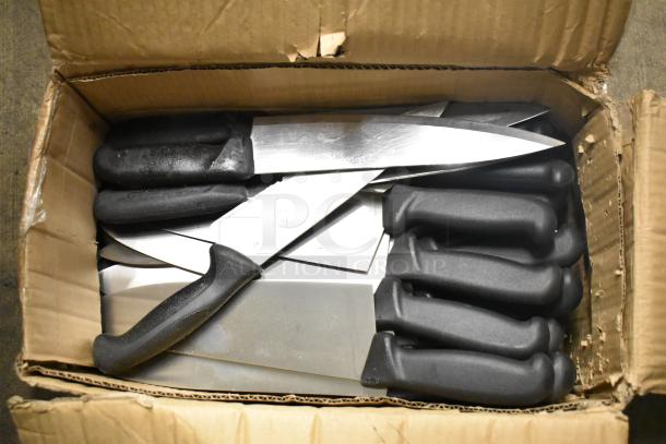 Box of 50 sharpened stainless steel knives, including chef knives, with black handles.