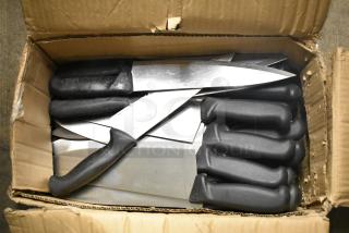 Box of 50 sharpened stainless steel knives, including chef knives, with black handles.
