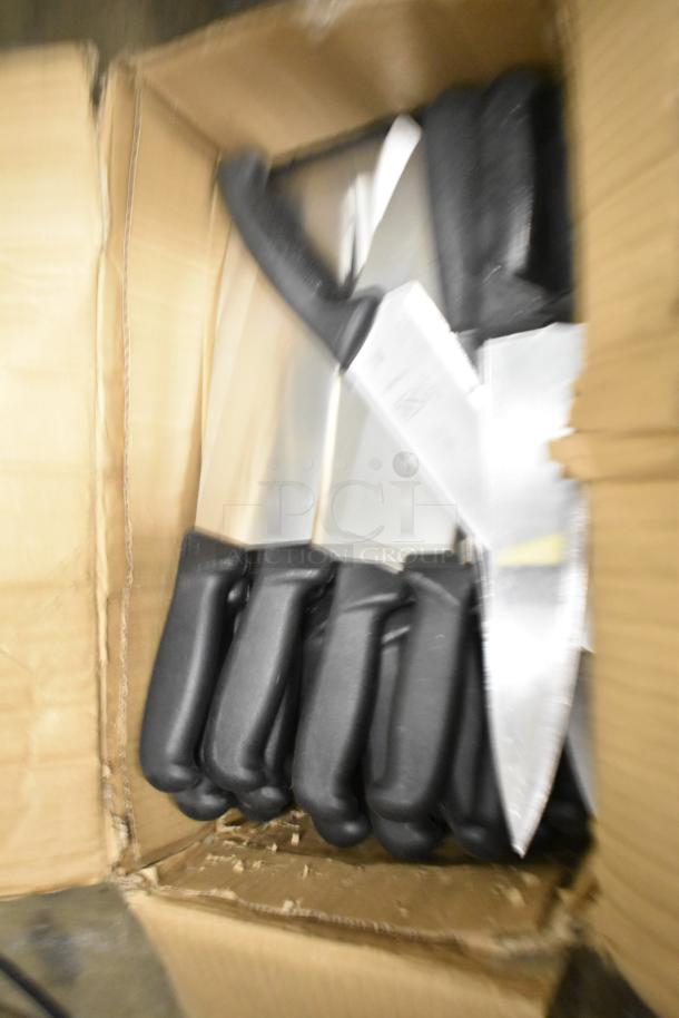 Box of 50 sharpened stainless steel knives, including a chef knife, with black handles, in new condition.