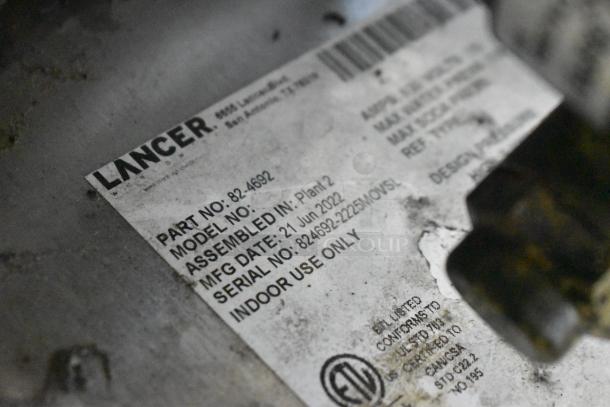 Lancer Carbonator 2022, model no. Plant 2. Label states 115 volts, 1 phase. Serial no. 824692, for indoor use only.