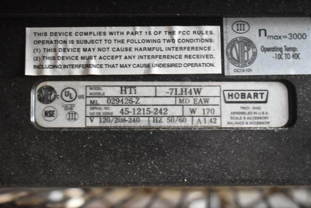 2020 Hobart HTi-7LH4W commercial countertop food portioning scale. Model label shows specs: 120/208-240V, 1 Phase.