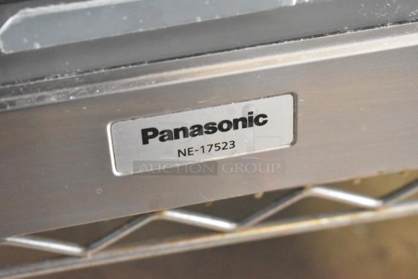 Panasonic NE-17523 commercial countertop microwave oven label, indicating model number. Oven is 208/240 volts, 1 phase.