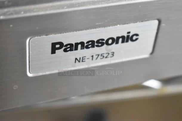 Panasonic NE-17523 commercial microwave oven label, showing model number. Silver finish, designed for 208/240 volts, 1 phase.