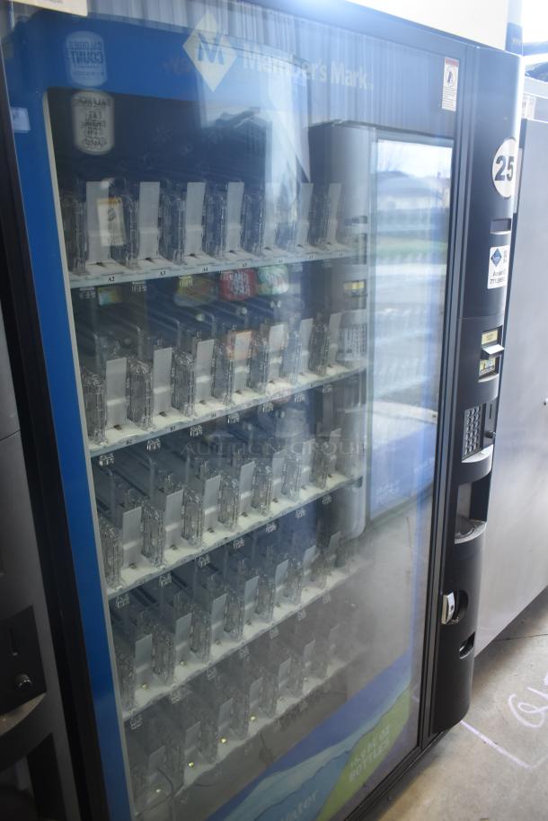 Crane 5800-4 metal commercial bottled drink vending machine with bill acceptor, 115 volts, 1 phase, slots labeled A2-A8.