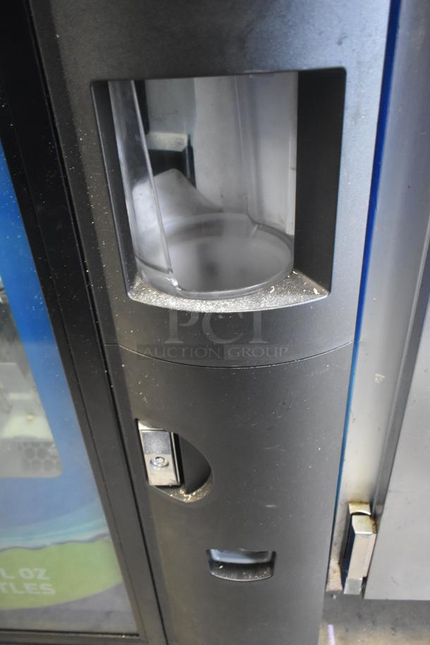 Crane 5800-4 metal drink vending machine with bill acceptor, 115 volts, 1 phase, commercial use, visible dispensing compartment.