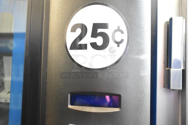 Crane 5800-4 metal drink vending machine with bill acceptor, 115V, 1 Phase. Visible "25¢" sign and display panel.
