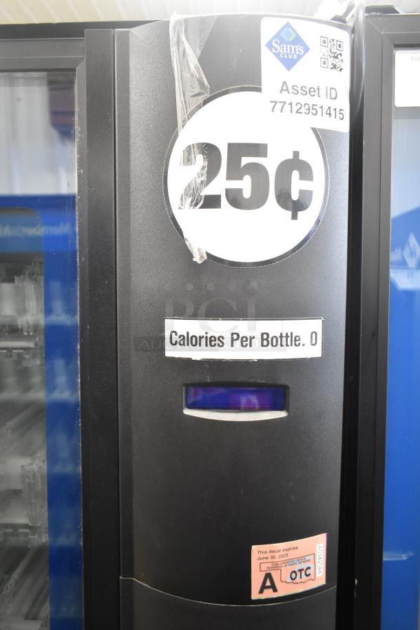 Crane 5800-4 metal vending machine for bottled drinks, with bill acceptor. Features a 25-cent label and asset ID tag.