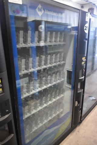 Crane 5800-4 metal beverage vending machine with bill acceptor, 115 volts, 1 phase, features multiple slots and branded decals.