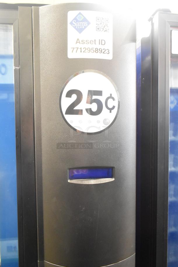 Crane 5800-4 metal commercial drink vending machine with bill acceptor, asset ID visible, priced at 25 cents.