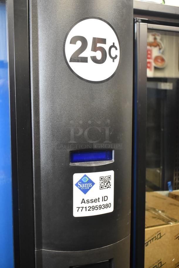 Crane 5800-4 metal commercial drink vending machine with bill acceptor, 115 volts, asset ID sticker, 25¢ label.