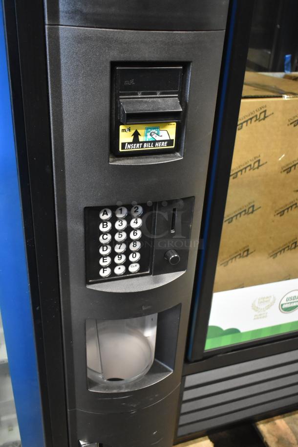 Crane 5800-4 metal commercial drink vending machine, bill acceptor, numeric keypad, black finish, 115 volts.