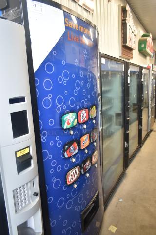 Metal commercial bottled drink vending machine, 115 volts, 1 phase, with bill acceptor. Features 7-Up, Big Red, A&W options.
