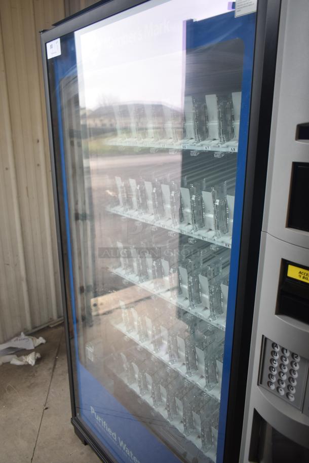 Crane 5800-4 vending machine, metal, commercial, with bill acceptor, 115V, 1 phase, glass front, visible drink slots.