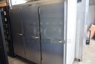 Traulsen G30013 commercial 3-door reach-in cooler, stainless steel, 115 volts, 1 phase, good condition, external view.
