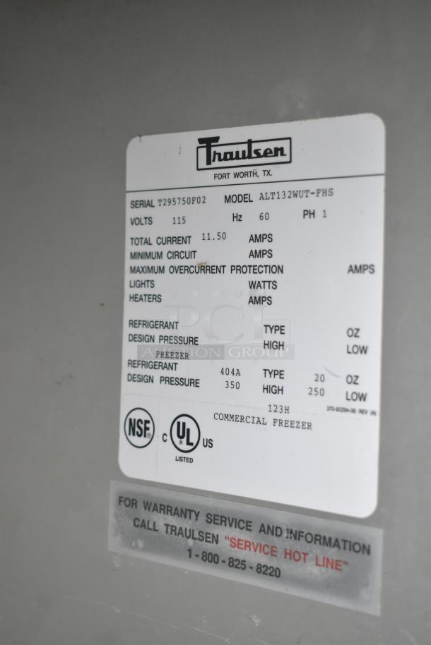 Traulsen ALT132WUT-FHS freezer label, 115V, single-phase. Includes NSF and UL certifications and warranty contact details.