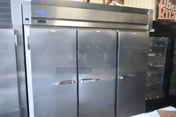 McCall 4-4070 commercial 3-door reach-in cooler, stainless steel, 115 volts, 1 phase, excellent condition.