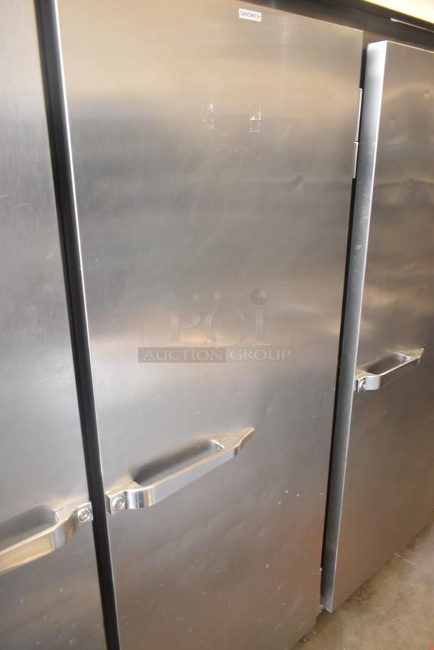 McCall 4-4070 Commercial 3 Door Reach In Cooler, stainless steel, 115V, 1 phase, visible label reads "sandwich."