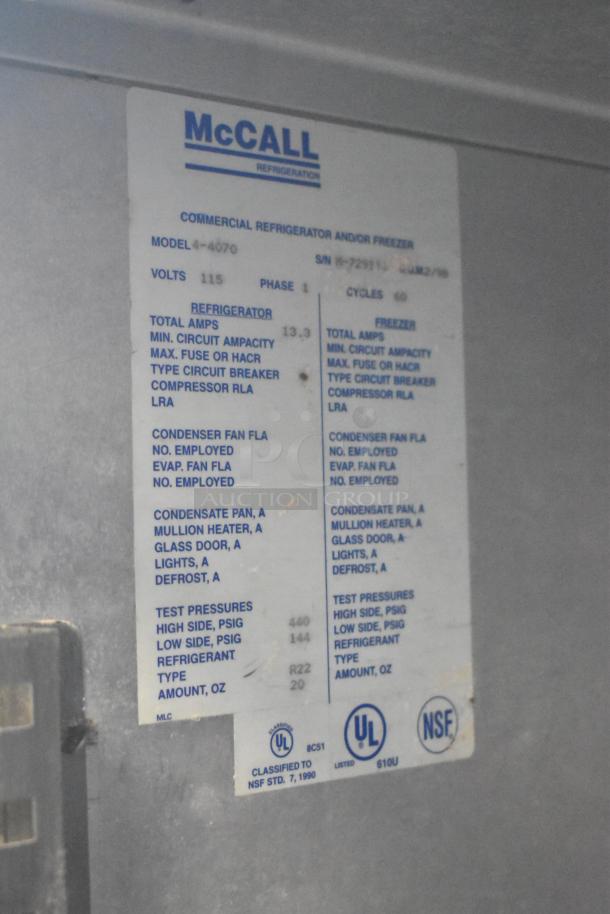 McCall 4-4070 commercial 3-door reach-in cooler label showing model, voltage (115V), and phase (1).