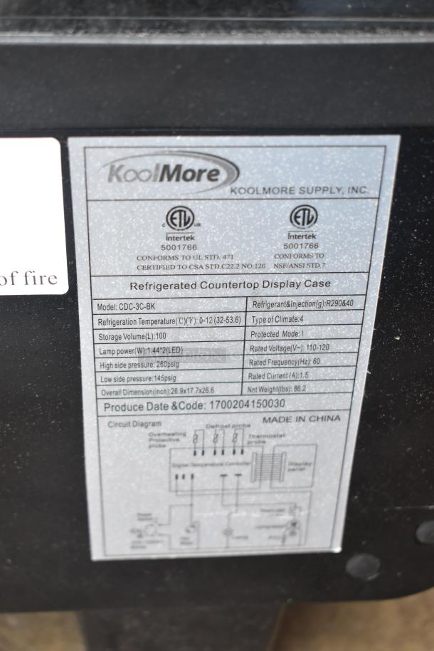 KoolMore CDC-3C-BK Countertop Display Refrigerator label showing model, specs, and certifications; 3.6 Cu Ft capacity.