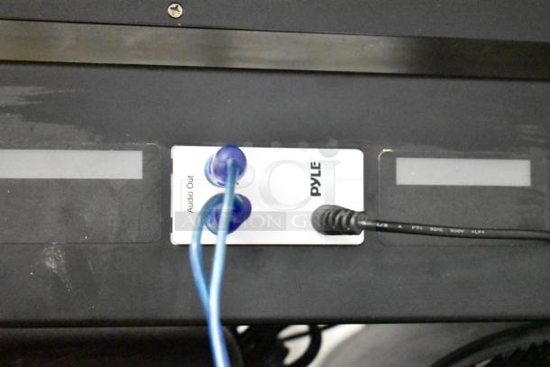 AV cabinet with Pyle PCI-800 power conditioner, showcasing visible blue audio cables and audio out ports.