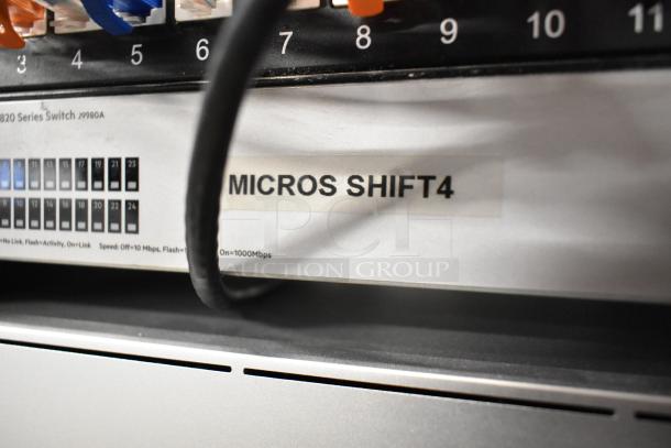 AV cabinet with HPE OfficeConnect 1820 Series Switch J9980A, labeled "MICROS SHIFT4," showing network connections.
