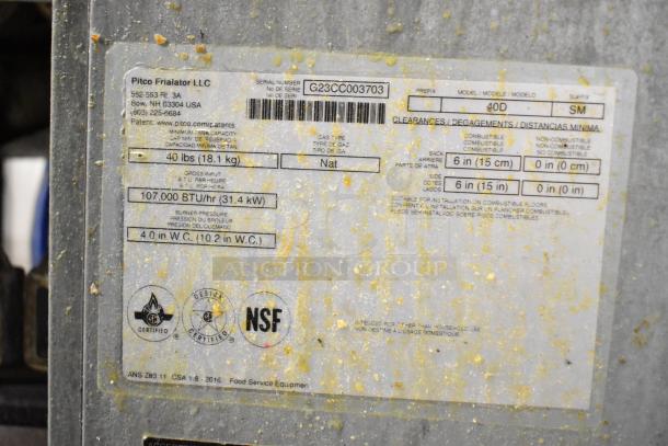 2023 Pitco Frialator 40D deep fat fryer label shows model, natural gas type, 107,000 BTU/hr, NSF certification.