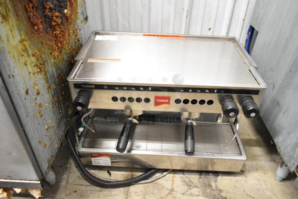 Torrie MTE225XC70 commercial espresso machine, countertop, 2 groups, 2 portafilters, 2 steam wands, stainless finish.
