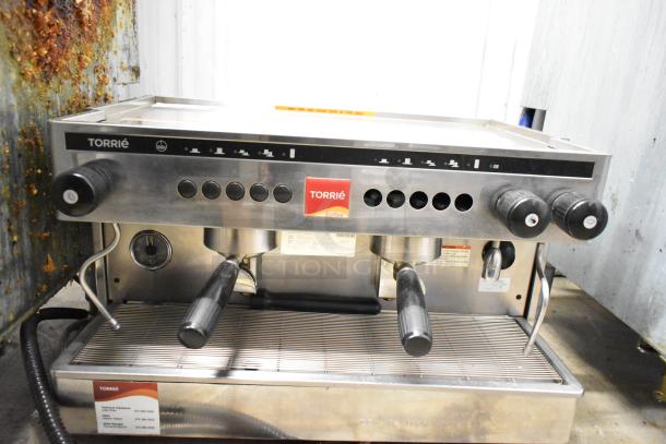 Torrie MTE225XC70 commercial espresso machine, features 2 portafilters, 2 steam wands, visible Torrie branding, used condition.