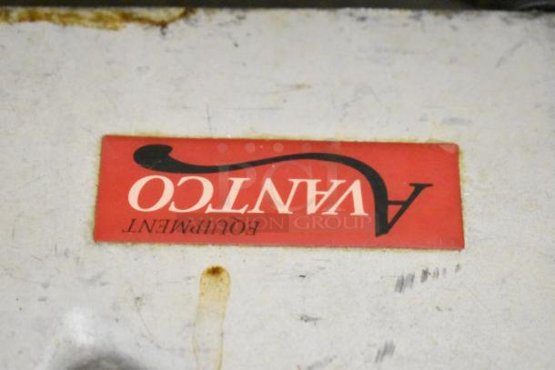 Avantco 177SL312 meat slicer with blade sharpener, commercial countertop model. Features visible label with brand name.